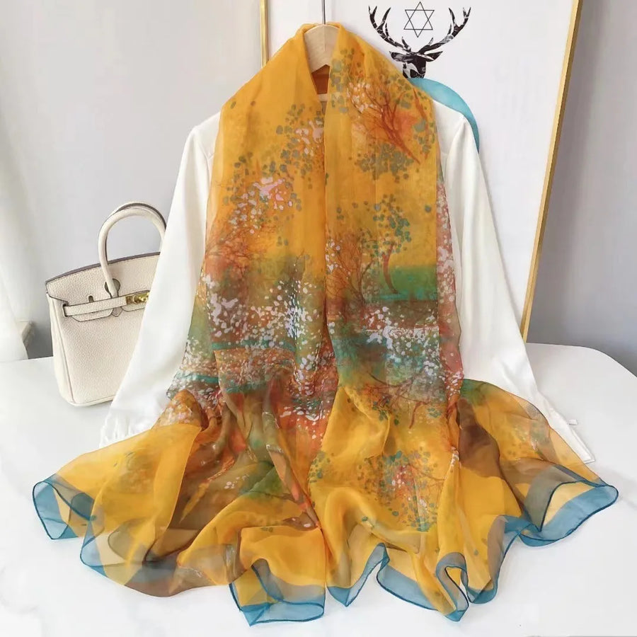 Lightweight women's scarf with landscape or floral patterns