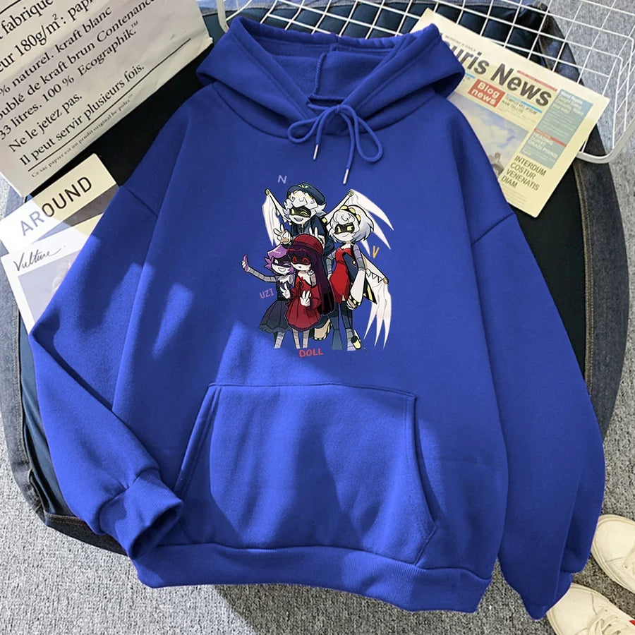 Felpa con cappuccio unisex con stampa anime, tasca a marsupio e coulisse
