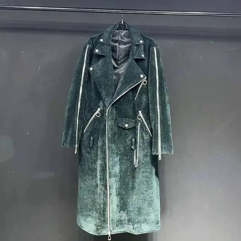 Abrigo largo acanalado verde oscuro para hombre, de estilo motero y con cremallera