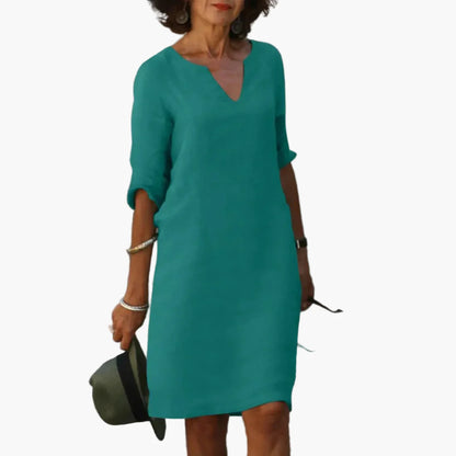 Robe Femme Élégante Décontractée à Col V et Manches 3/4 – Style Polyvalent pour Bureau et Loisirs