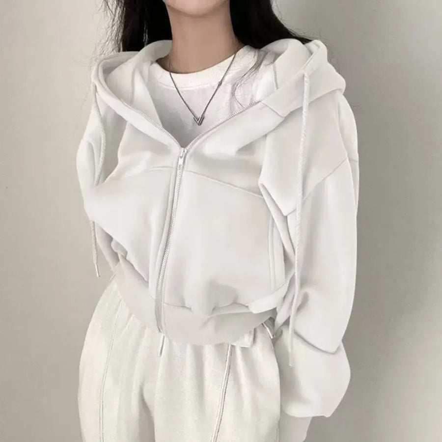 Sudadera corta con capucha y cremallera para mujer, de manga larga y color liso