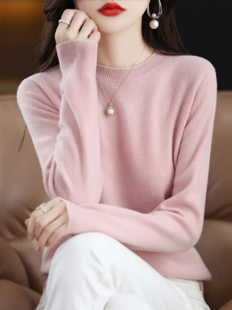 Pull col rond basique femme manches longues uni