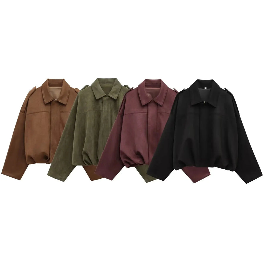 Cazadora corta de aviador de mujer de color liso, con cuello de solapa y mangas amplias