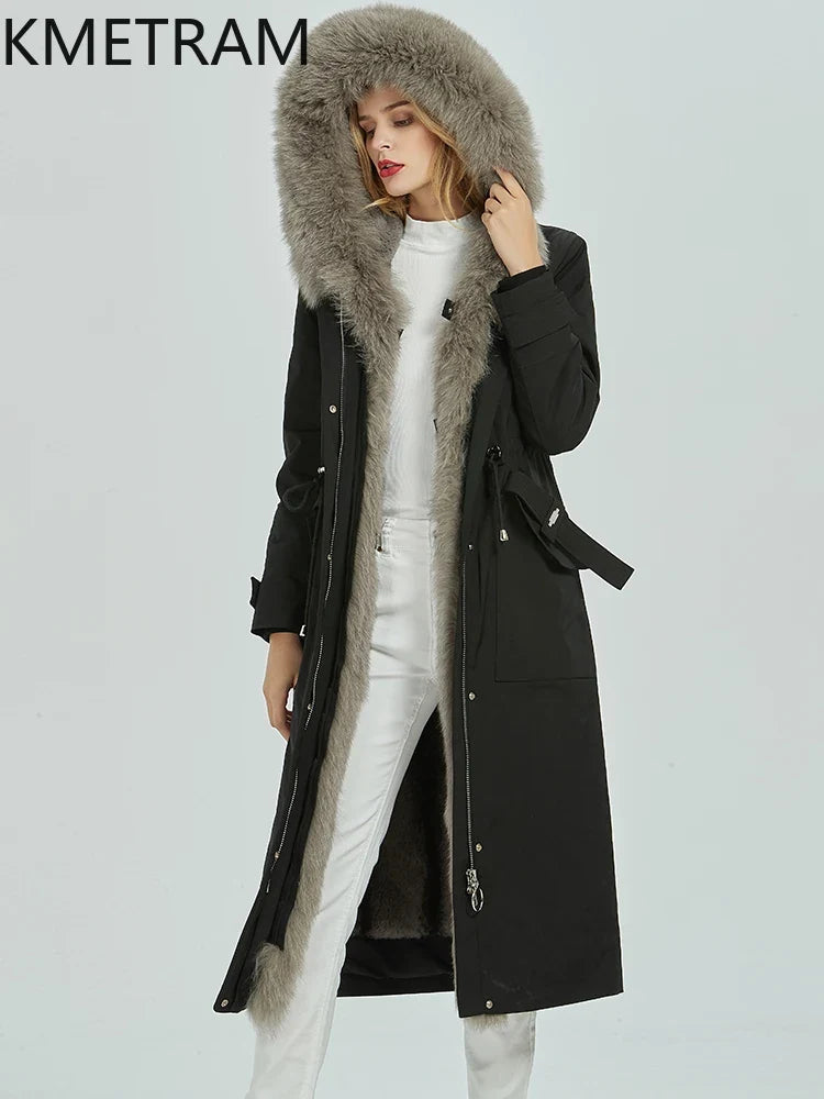 Black long parka for women with a hood and gray faux-fur lining