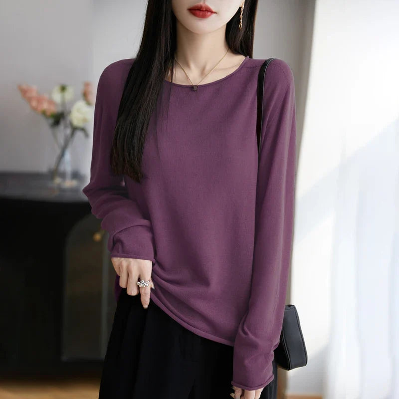 Suéter fino informal de mujer, de manga larga, cuello redondo y color liso