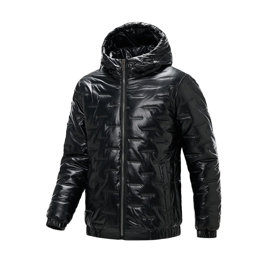 Men's shiny black quilted hooded puffer jacket with zip closure