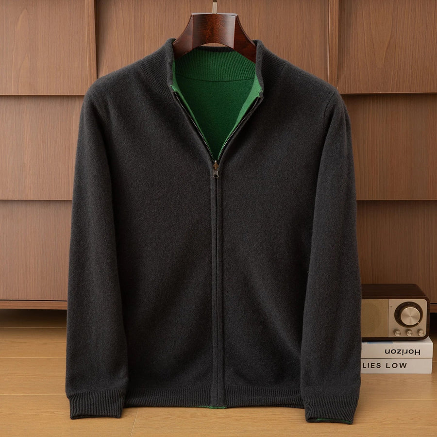 Gilet bicolore da uomo con cerniera, collo alto, lavorato a maglia arancione e grigio
