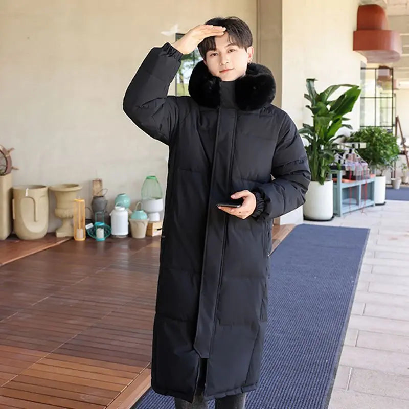 Doudoune longue à capuche homme avec bordure en fausse fourrure, Noir ou Kaki