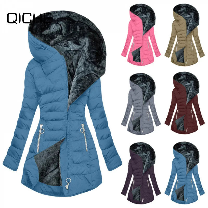 Women's long quilted puffer jacket with faux-fur-lined hood and decorative zippers