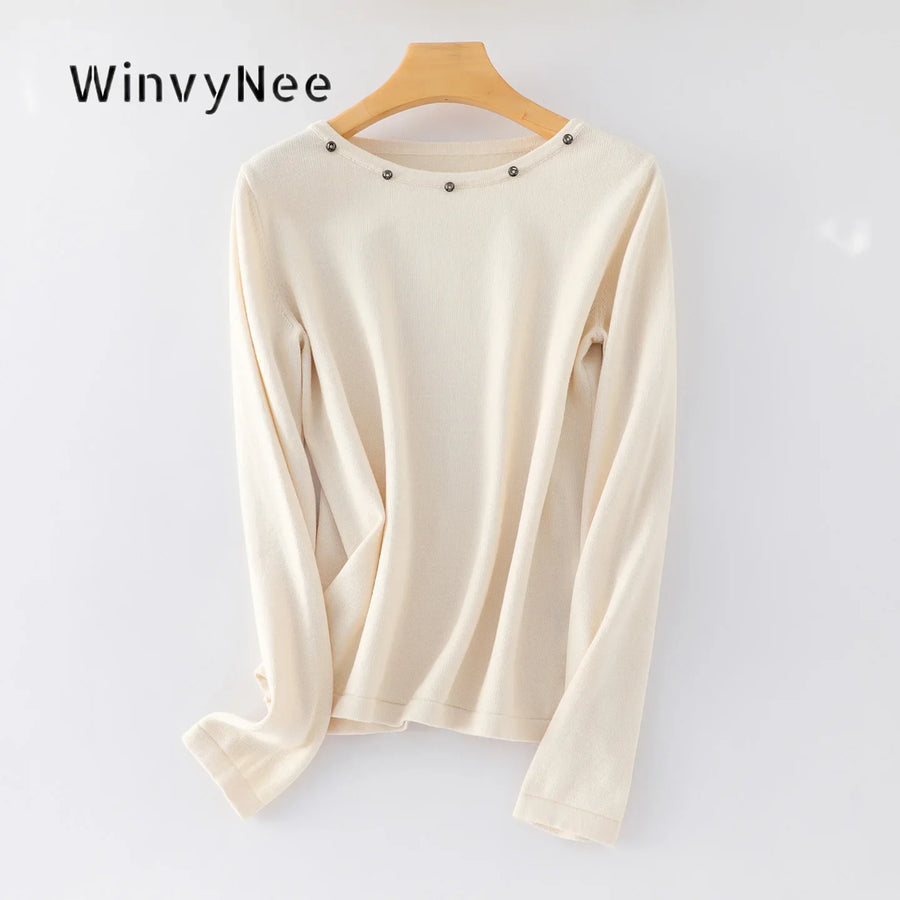 Women's fine-knit long-sleeve crew-neck top with metallic details