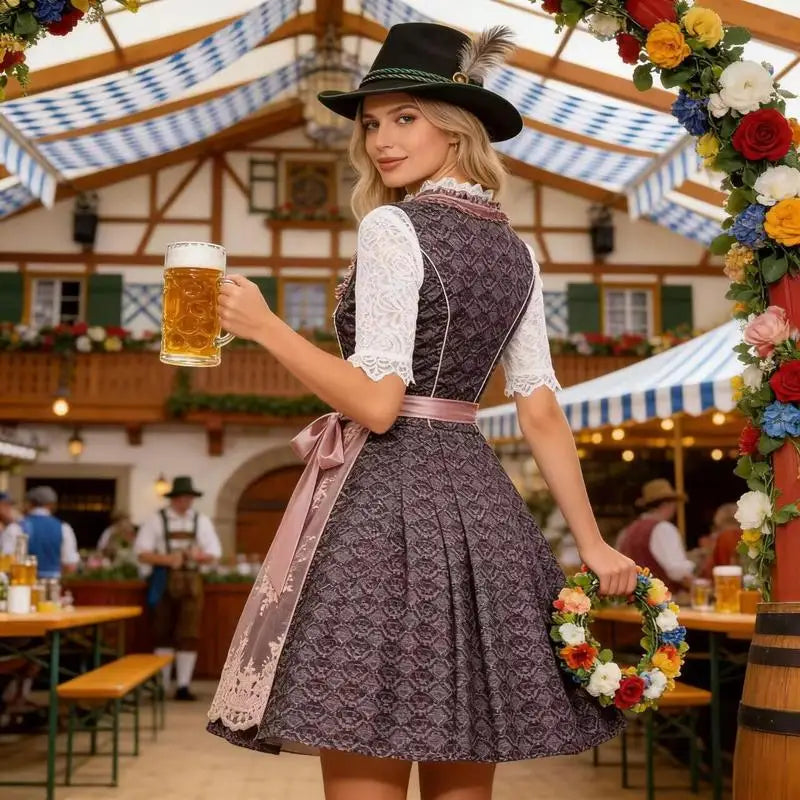 Traditionel dirndl-kjole til kvinder i rosa og grå med blonde og korte ærmer