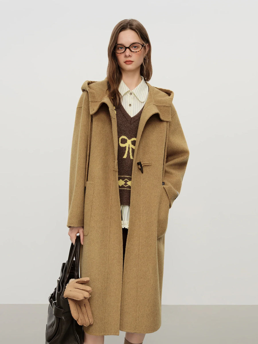 Women's Long Hooded Duffle Coat with Toggle Fastenings and Patch Pockets