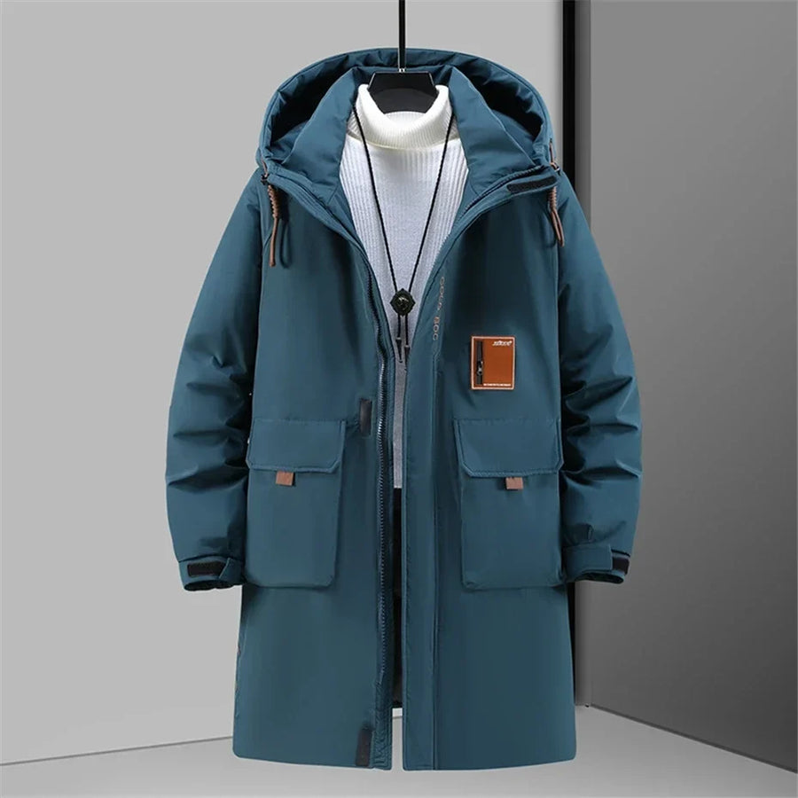 Men's long hooded padded coat - Beige, flap pockets