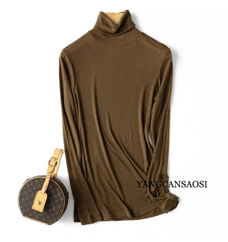 Camiseta lisa de manga larga para mujer con cuello redondo o vuelto