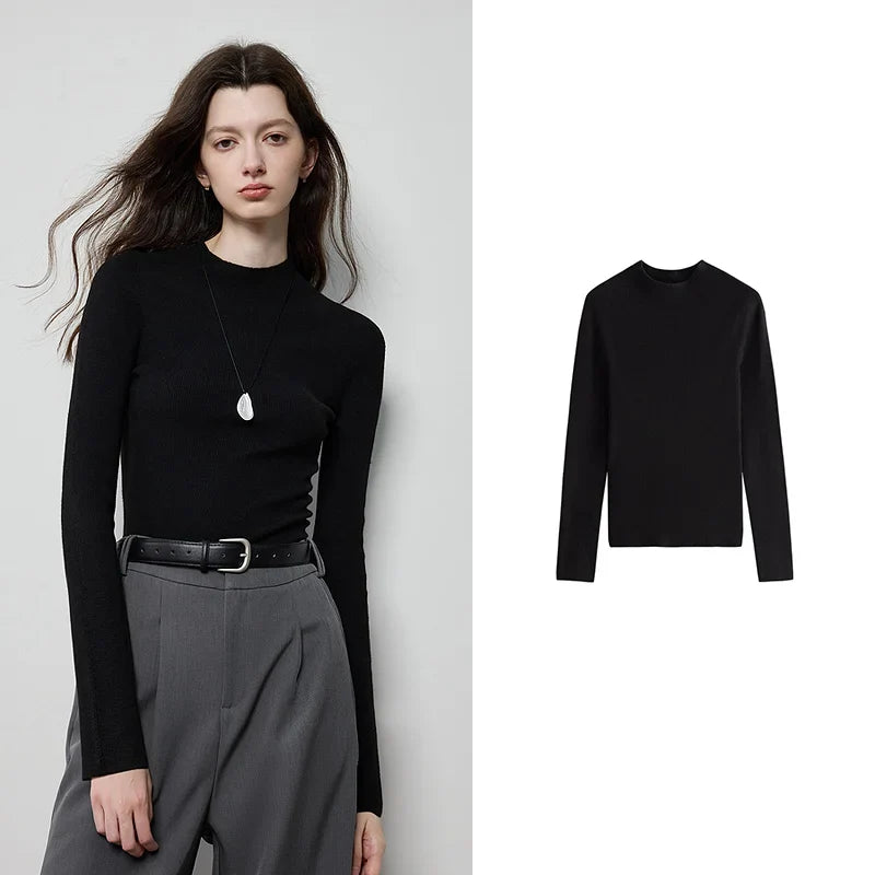 Pull fin femme manches longues col montant côtelé décontracté