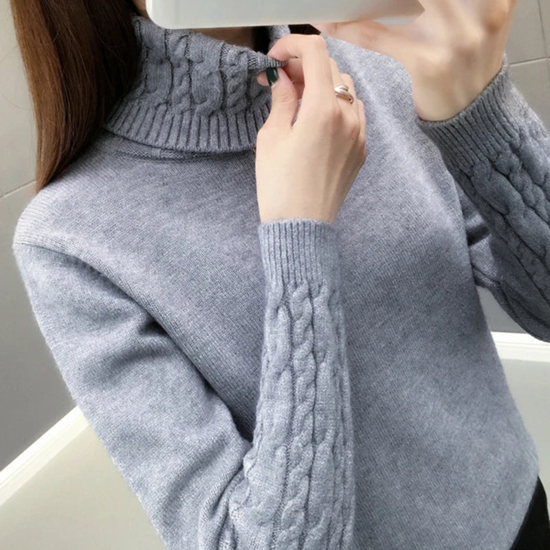 Women's light gray twisted ribbed-knit turtleneck sweater