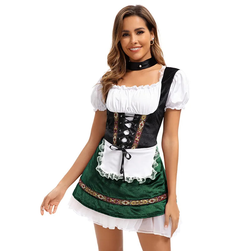 Robe Dirndl Courte Femme avec Tablier et Col Ras-du-Cou Rouge Vin