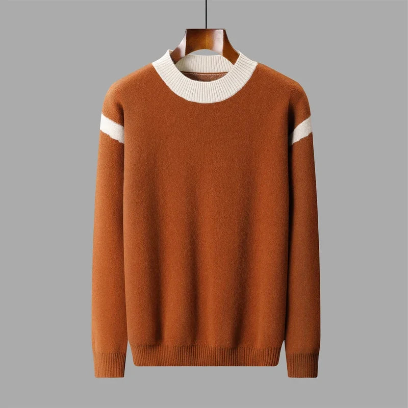 Maglione da uomo a collo alto, marrone, a righe bianche, maniche lunghe