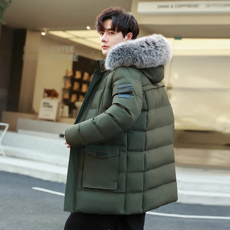 Men's Long Hooded Puffer Jacket with Removable Fur Trim, Casual Style