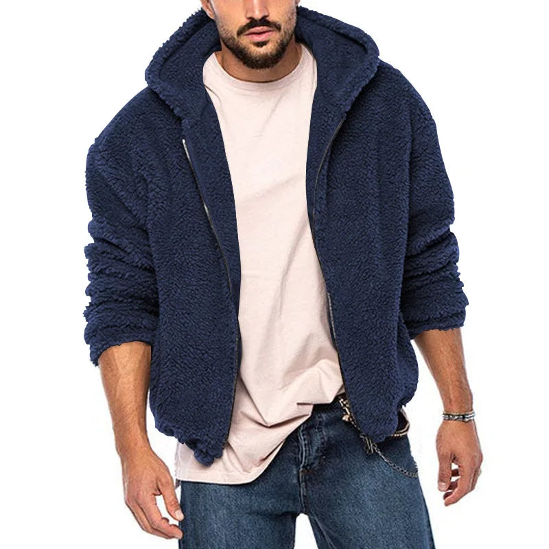 Men's hooded jacket in soft sheepskin-effect fabric, zippered, multiple colors