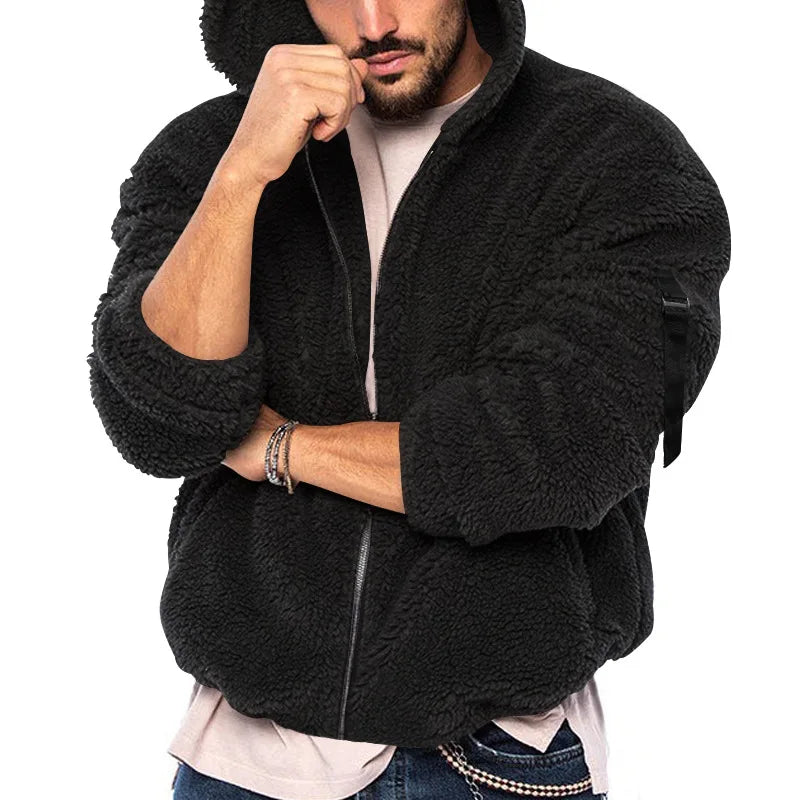 Men's hooded jacket in soft sheepskin-effect fabric, zippered, multiple colors