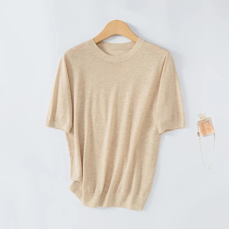 T-shirt casual da donna in maglia a maniche corte con collo rotondo e tinta unita