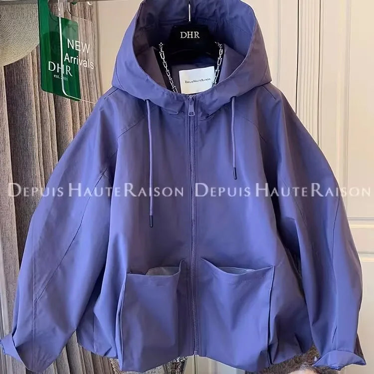 Giacca leggera con cappuccio e zip da donna con tasche anteriori
