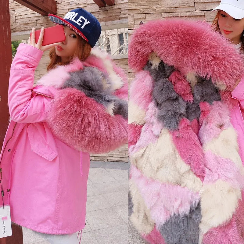 Parka invernale da donna con cappuccio, pelliccia rosa e fodera calda
