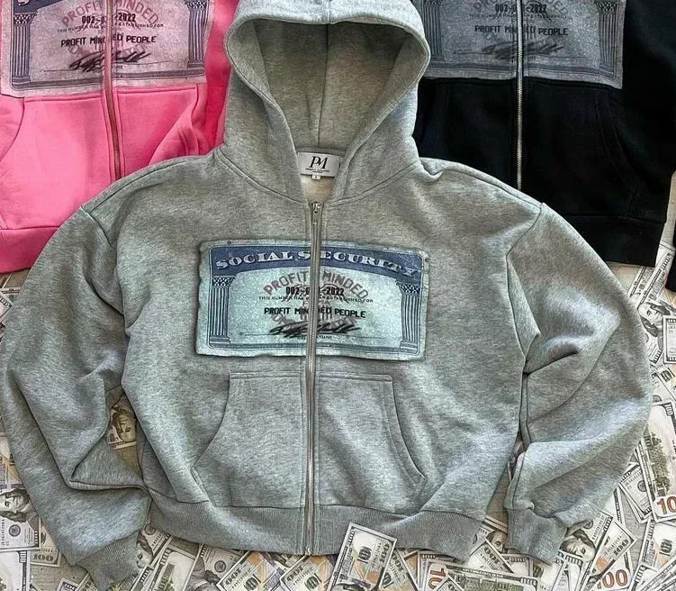 Sweat à Capuche Zippé Court Imprimé Type "Social Security"