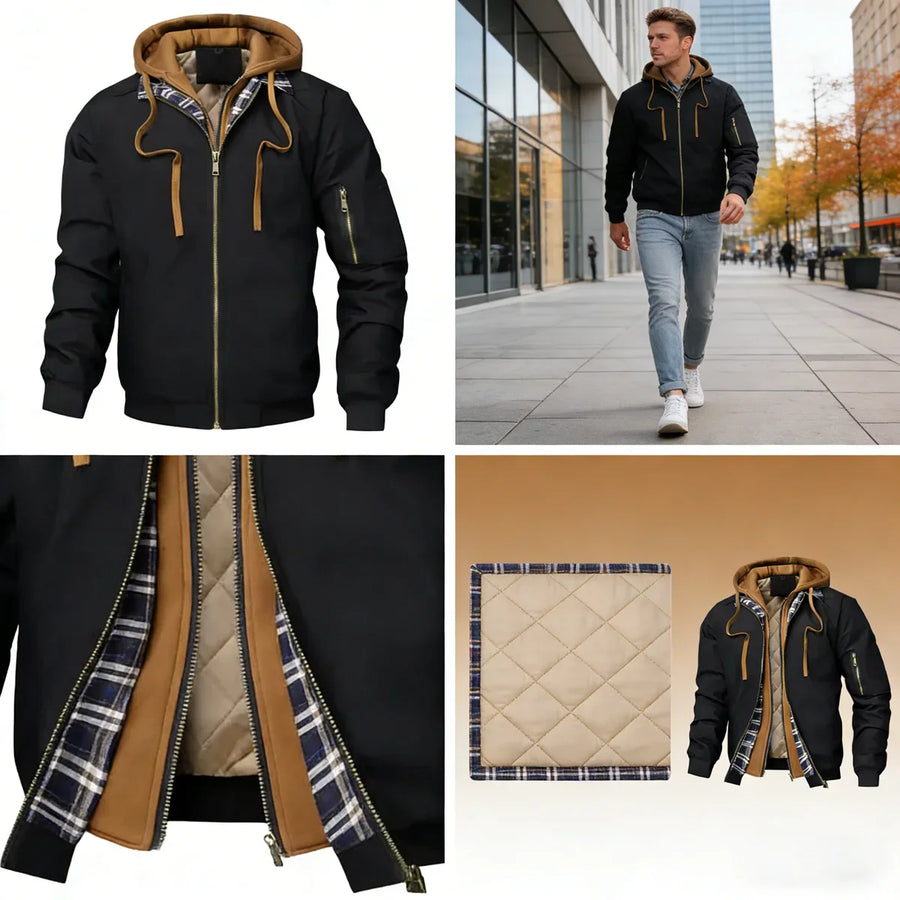 Herren-Bomberjacke mit abnehmbarer Kapuze und kontrastierendem Futter