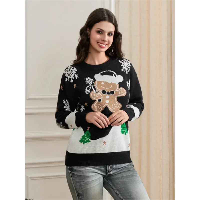 Women's knitted Christmas sweater with gingerbread man and snowflake designs