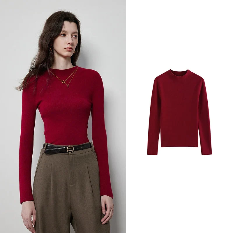 Pull fin femme manches longues col montant côtelé décontracté