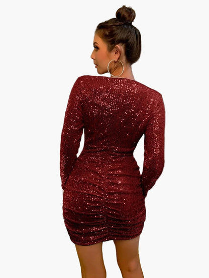 Robe de soirée femme élégante à sequins, col plongeant, manches longues, style glamour