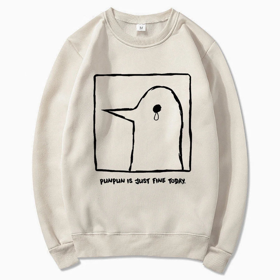 Oversize-Kapuzenpullover in Beige mit Motiv des traurigen Vogels „Punpun“
