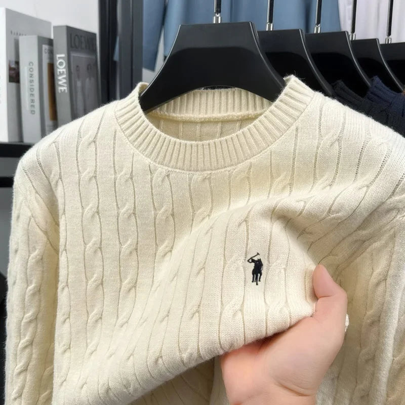 Pullover da uomo girocollo in maglia a trecce, bianco sporco