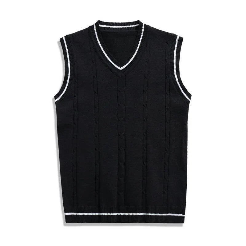 Gilet Sans Manches Homme Col V Pull en Maille Torsadée Tricoté avec Bandes