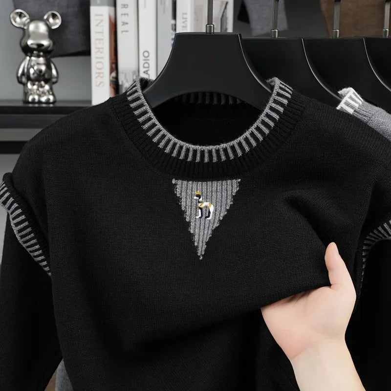 Pull homme col rond motif brodé contrastant tricot à rayures manches longues gris