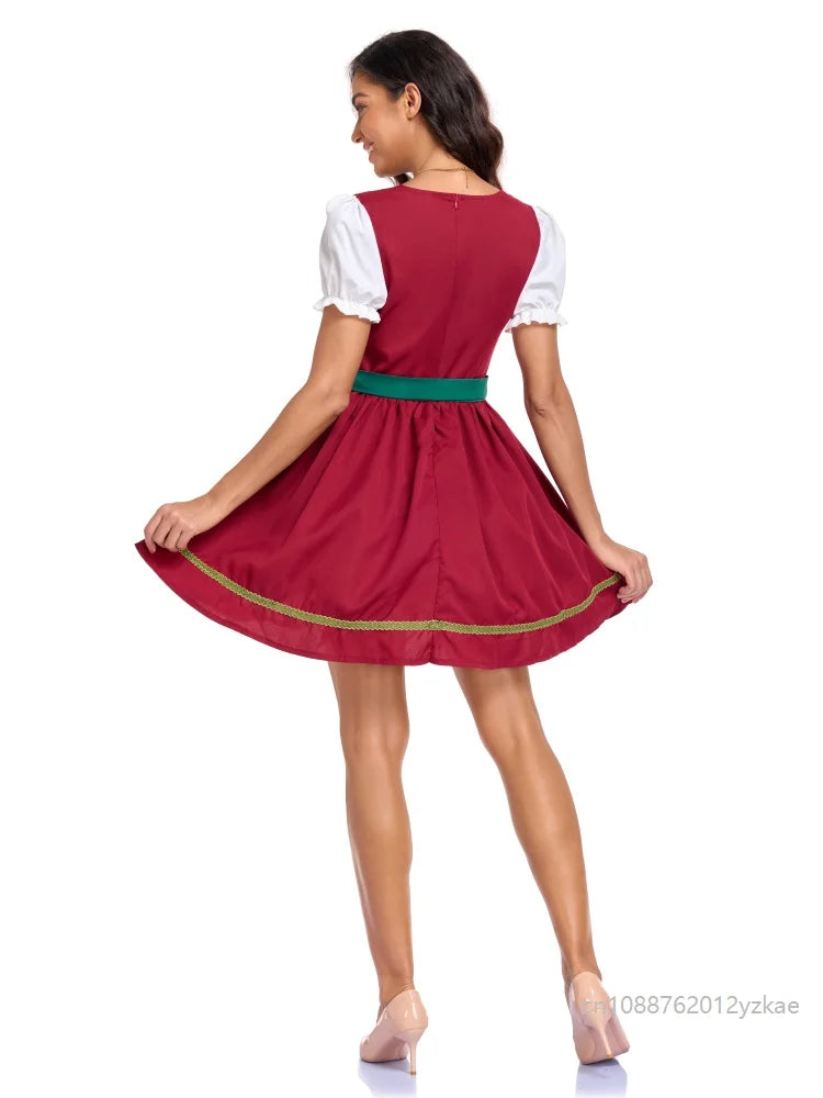 Traditionel kort rød og grøn dirndl-kjole til kvinder med korte ærmer