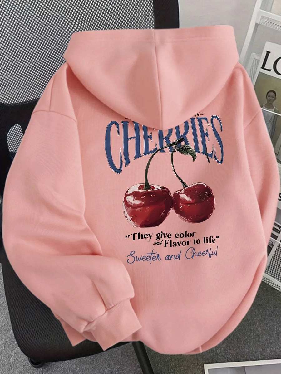 Damska bluza z kapturem „Cherries” z nadrukiem wiśni i tekstu, melanżowa szara