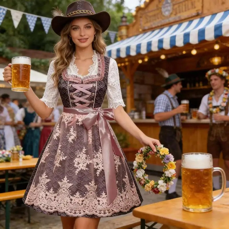 Traditionel dirndl-kjole til kvinder i rosa og grå med blonde og korte ærmer