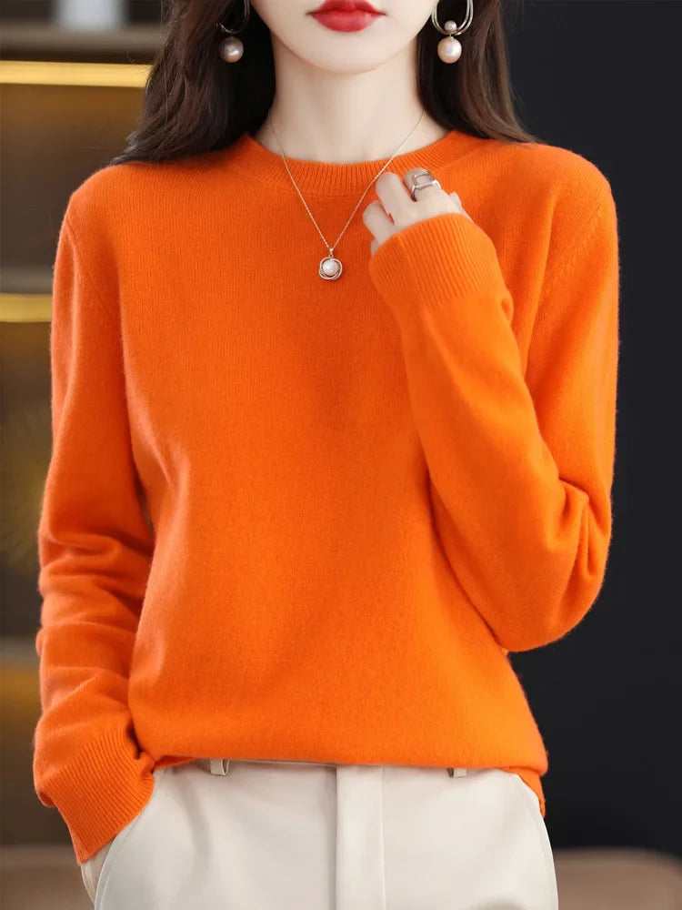 Pull col rond basique femme manches longues uni