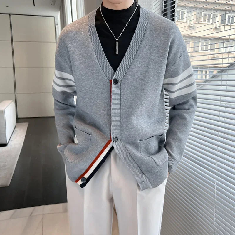 Men's button-up V-neck cardigan with sleeve stripes and tricolor details