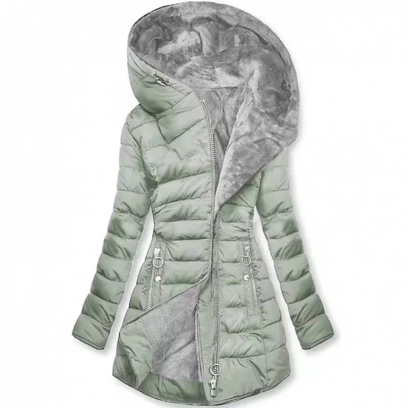 Women's long quilted puffer jacket with faux-fur-lined hood and decorative zippers