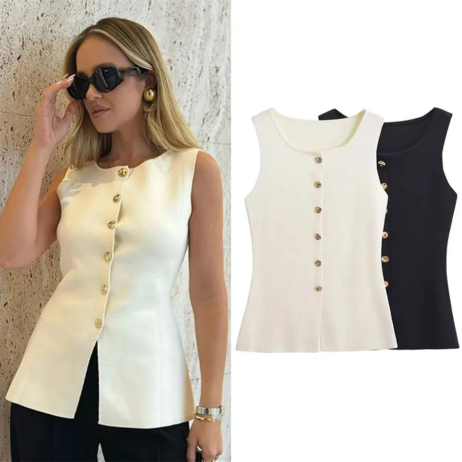 Women's sleeveless crew-neck top with decorative buttons