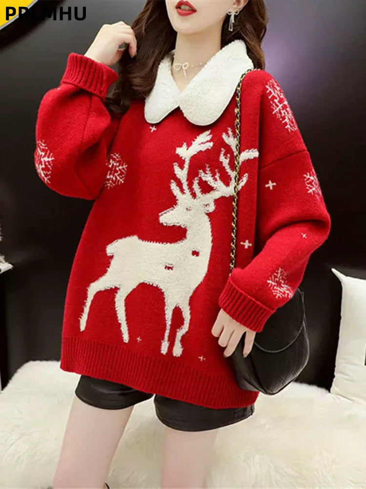 Pull tricoté femme motif renne col contrastant neige - Bleu foncé, Rouge, Beige