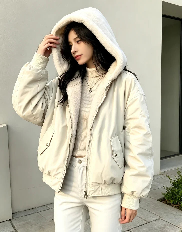 Veste bomber femme réversible à capuche en polaire doux et tissu uni