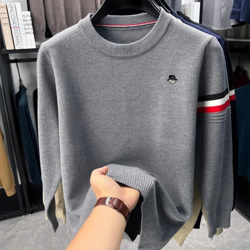 Men's Textured-Knit Crew-Neck Sweater with Side Stripe and Embroidered Motif