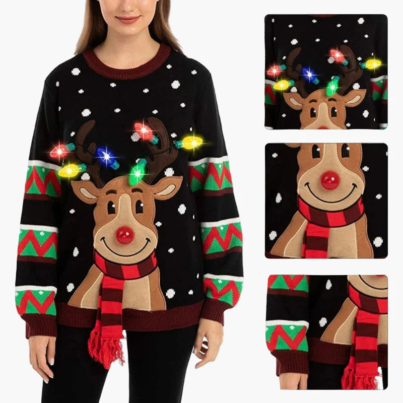 Pull de Noël Femme avec Renne Lumineux, Style Festif pour Fêtes et Hiver