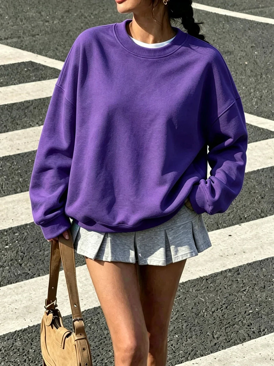 Sweat-shirt Femme ample Violet uni col rond et manches longues