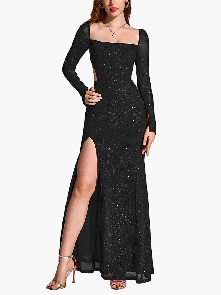 Robe de soirée élégante fendue à manches longues pour femme, style gala et événement